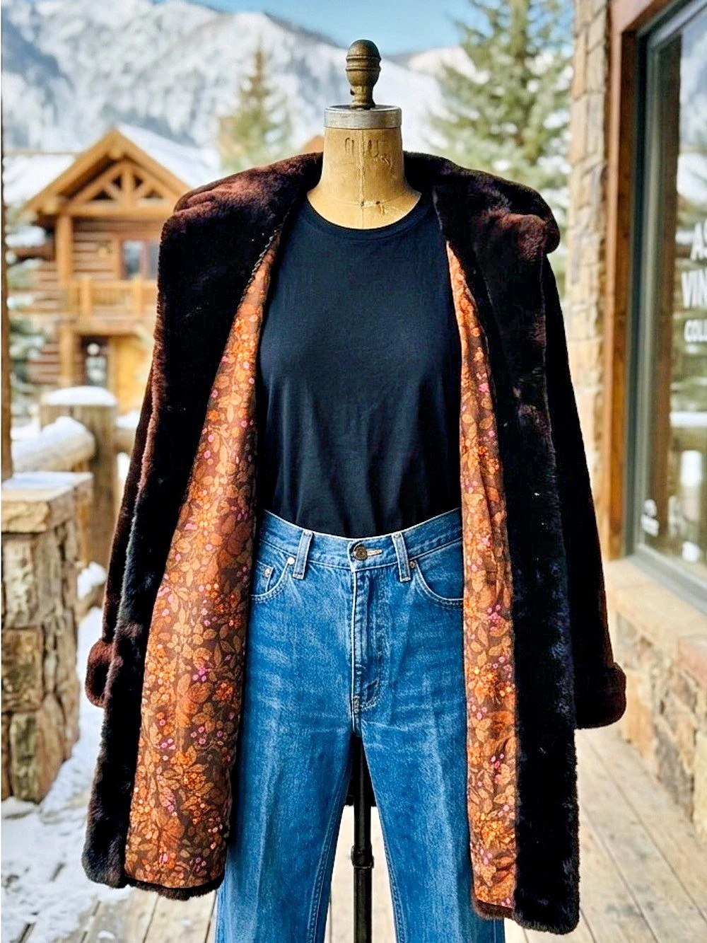Faux Fur Floral-Lining Coat in Chocolate Brown